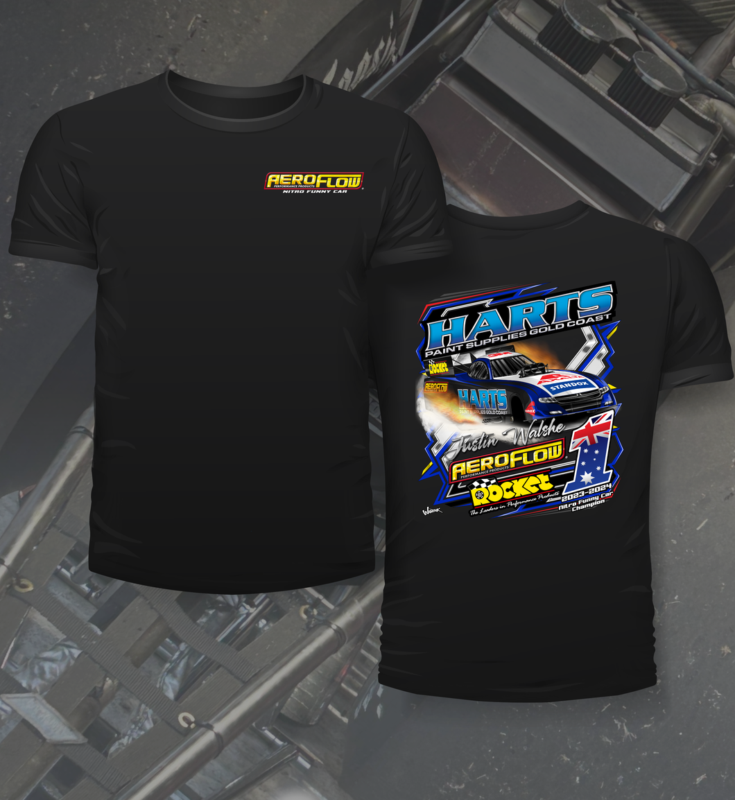 Aeroflow - Justin Walshe - 2023/24 Nitro Funny Car Champion - Two Position Print Tee Shirt